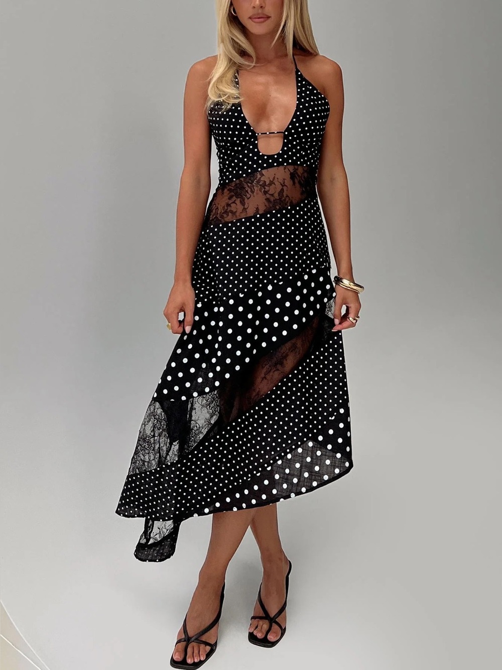 Princess Polly Down With Love Asymmetrical Midi Dress Black / White Polka Dot